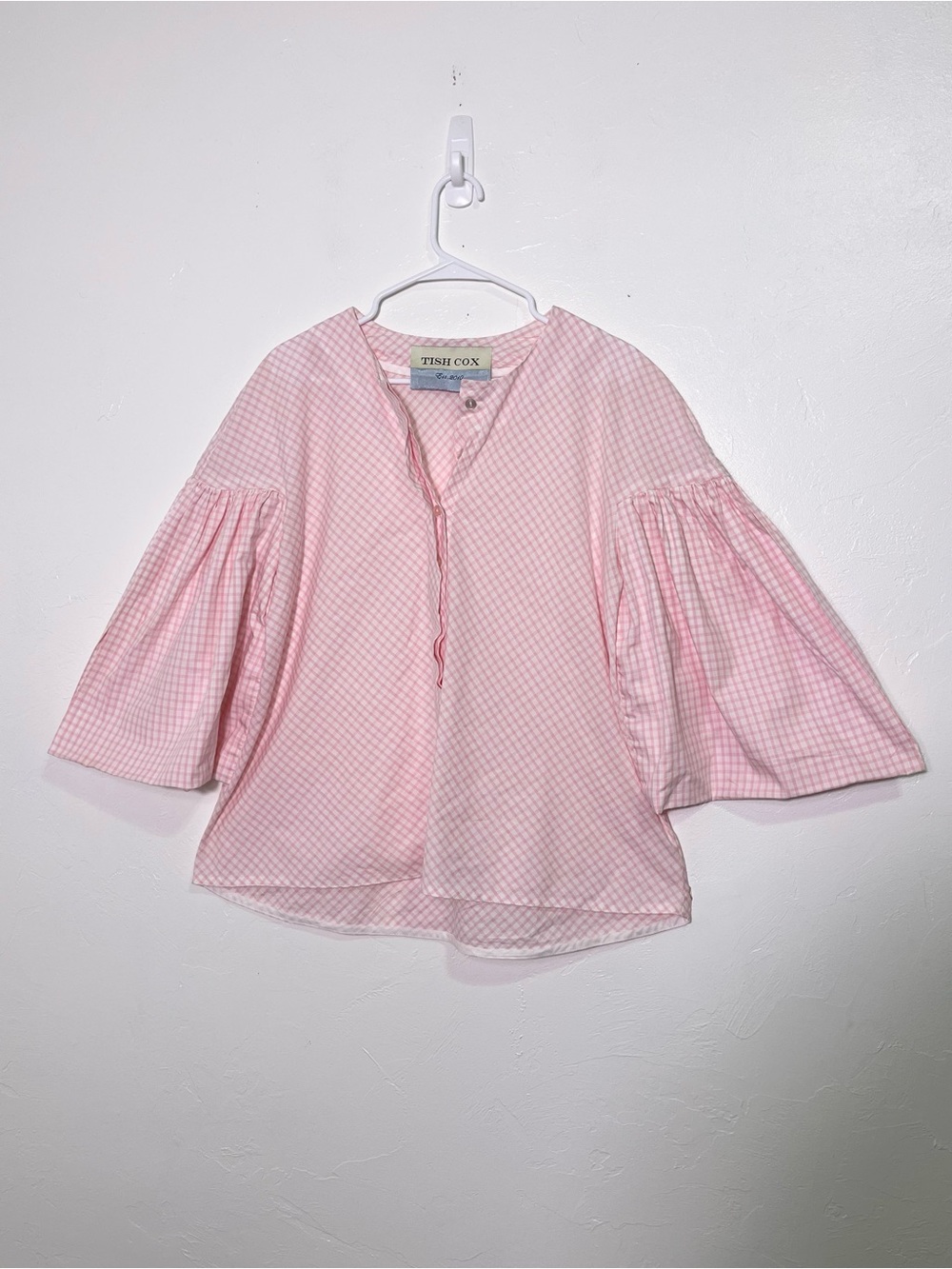 Tish Cox Pink Gingham Bell Sleeve Top  Size L